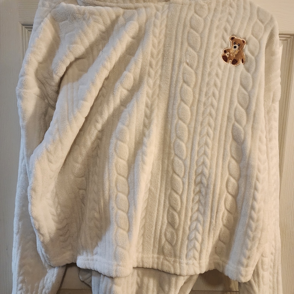 Cozy White Cable Knit Sweater with Bear Patch And Pants. Pj Set